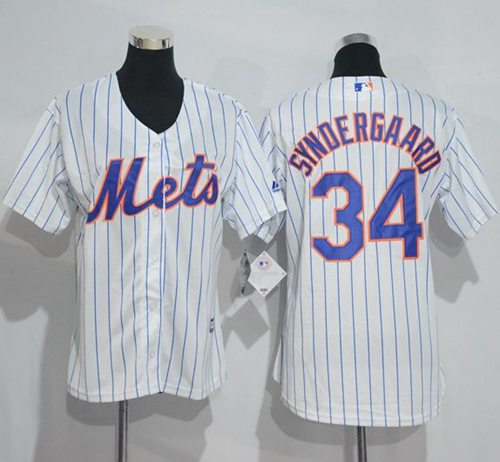 Mets #34 Noah Syndergaard White(Blue Strip) Women's Home Stitched MLB Jersey - Click Image to Close